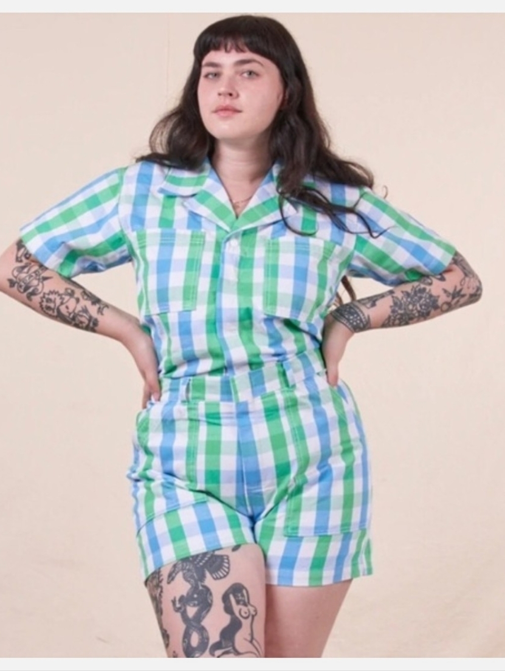 Big Bud Press Short Sleeve Mini Gingham Checkered Jumpsuit, Medium